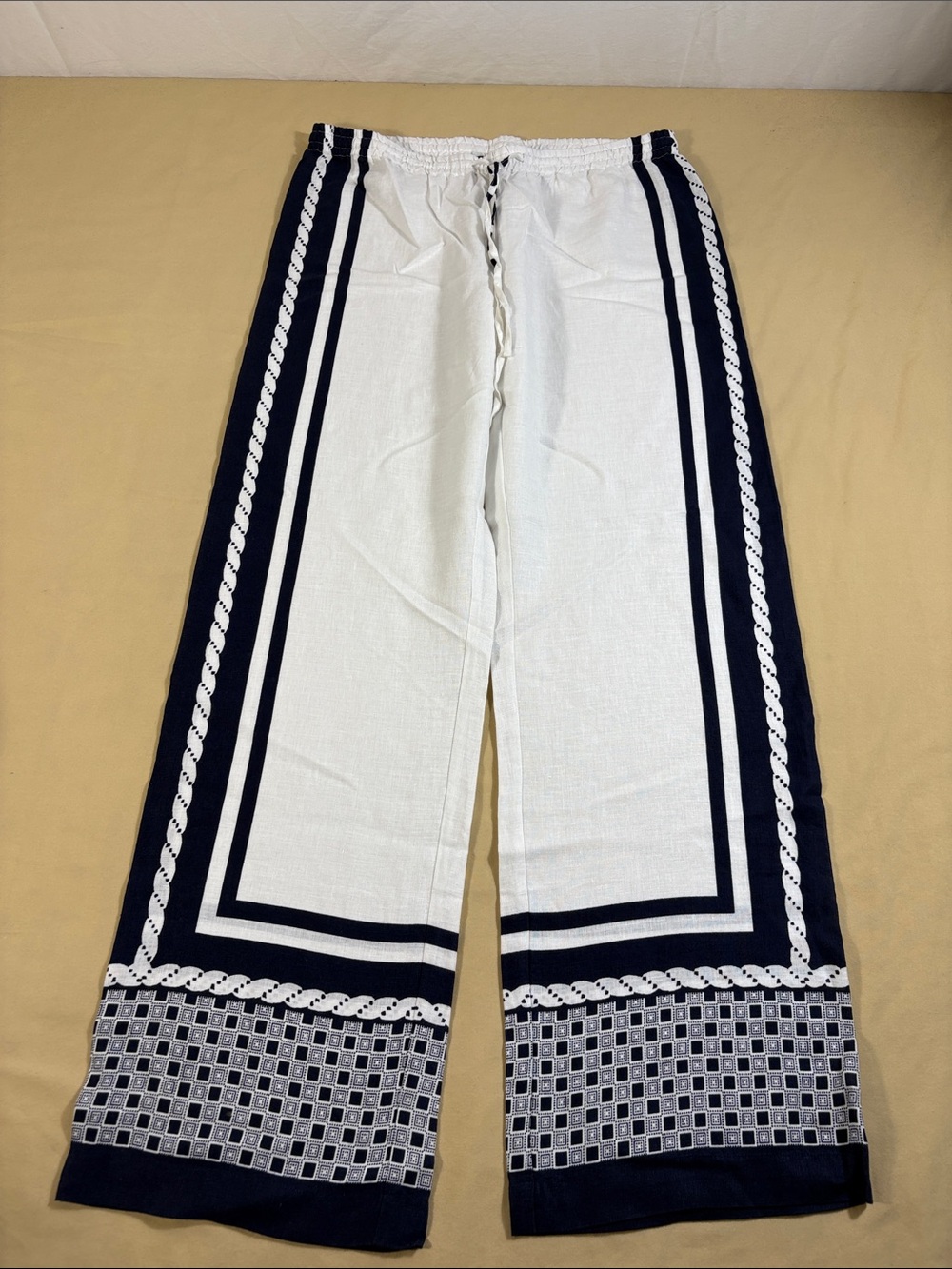 Ann Taylor S 100% Linen White Navy Nautical Border Print Wide Leg Pants NWT